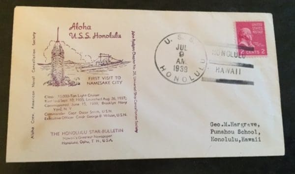 Scott # 806 Naval Ship Cover USS Honolulu