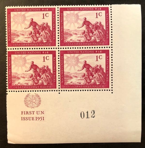 UN Scott # 1 Plate Block