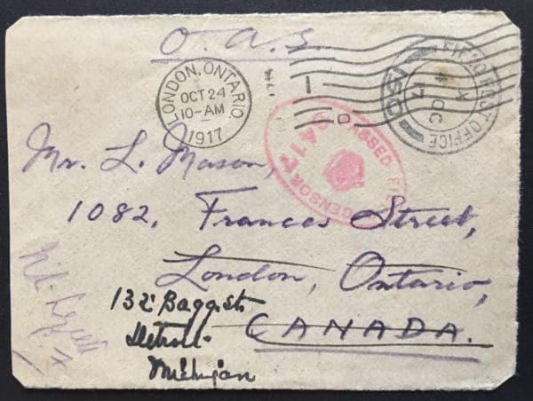 Canada Stampless 'Fieldpost' Cover