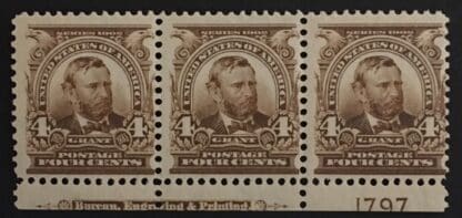 Scott # 303 Mint Never Hinged Plate Strip of 3